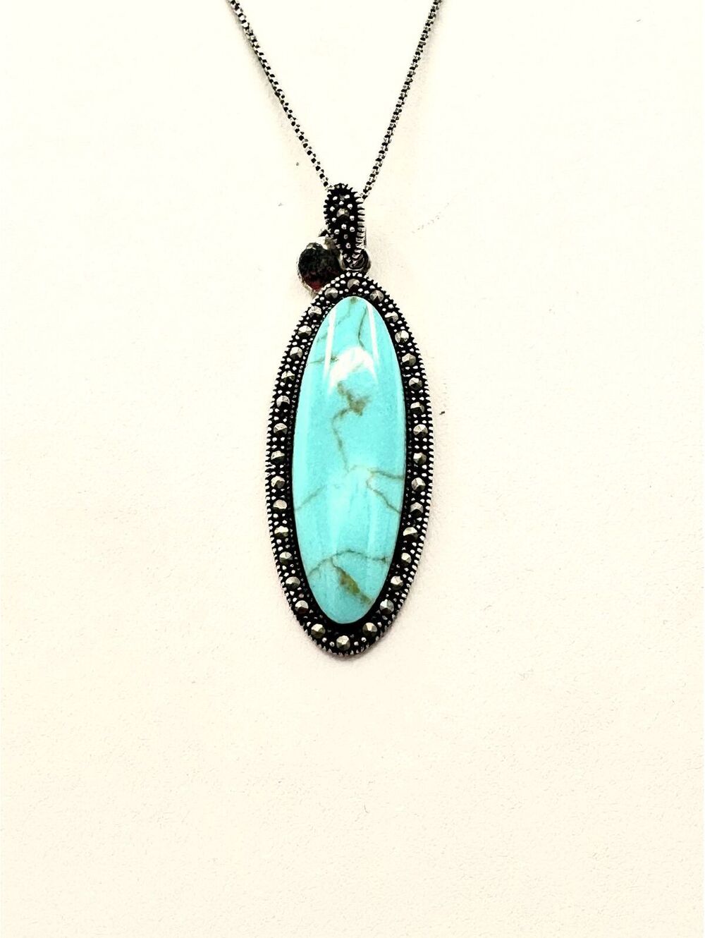 Sterling silver chain oval turquoise stone in silver marcasite frame necklace